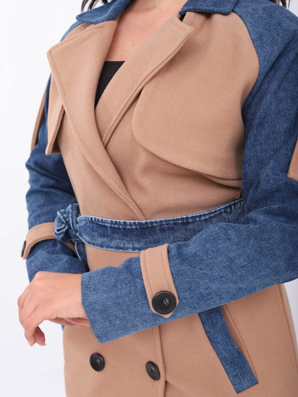 Denim Contrast Belted Coat