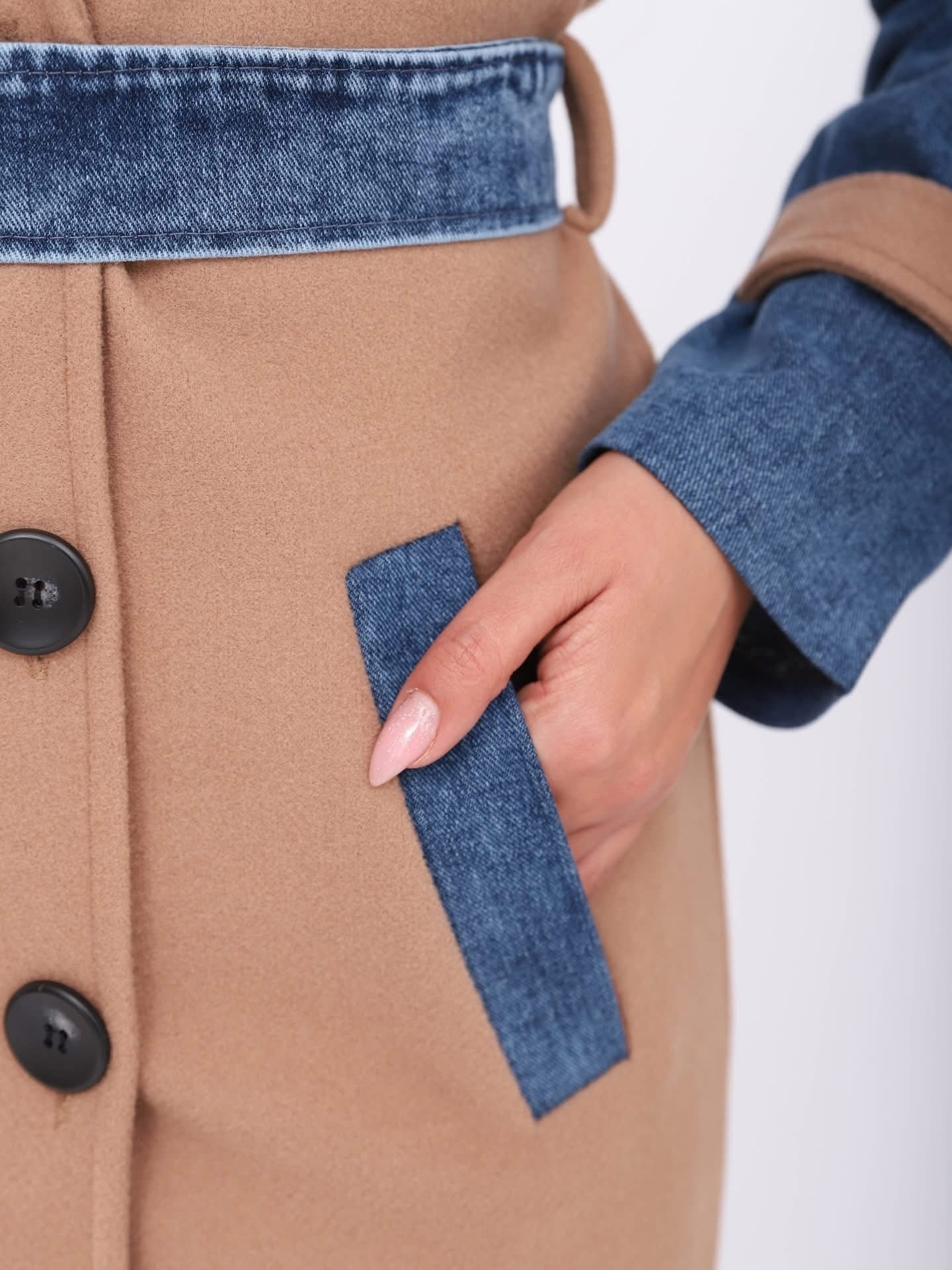 Denim Contrast Belted Coat